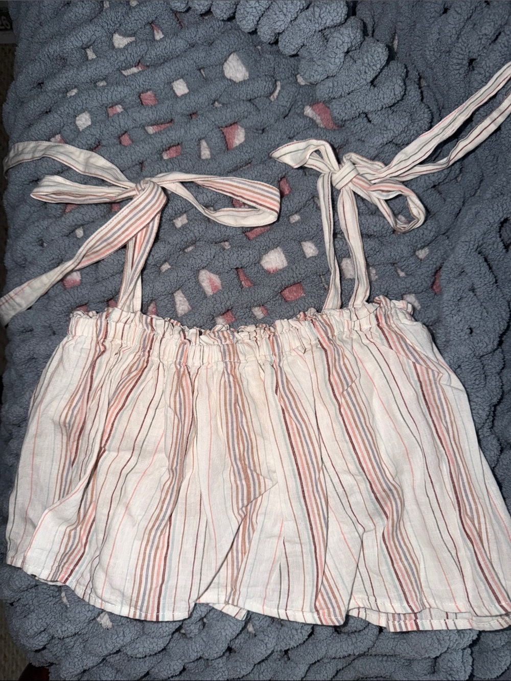 La Hearts White Crop Top with Pink and Tan Stripe Tie-Straps built in bra !